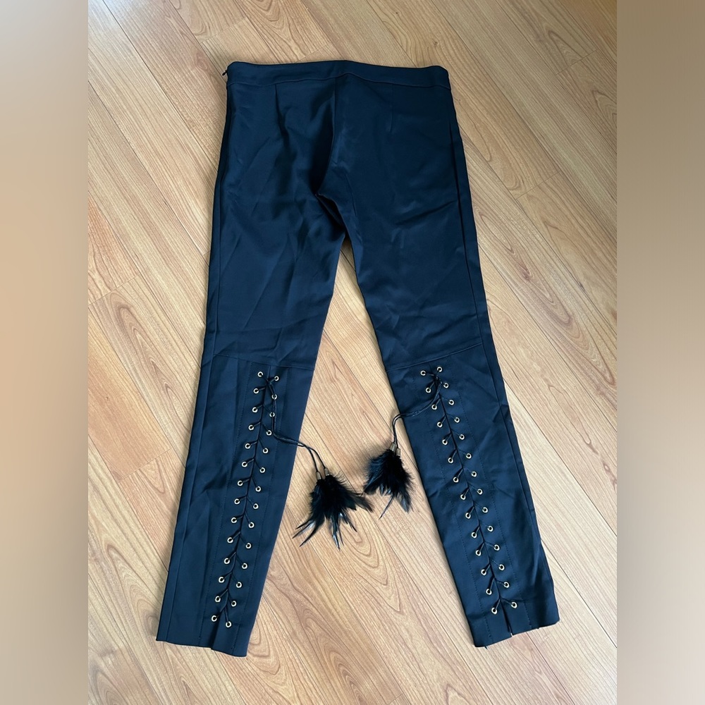 Black Lace-up Feather Tie Pants Sz 40